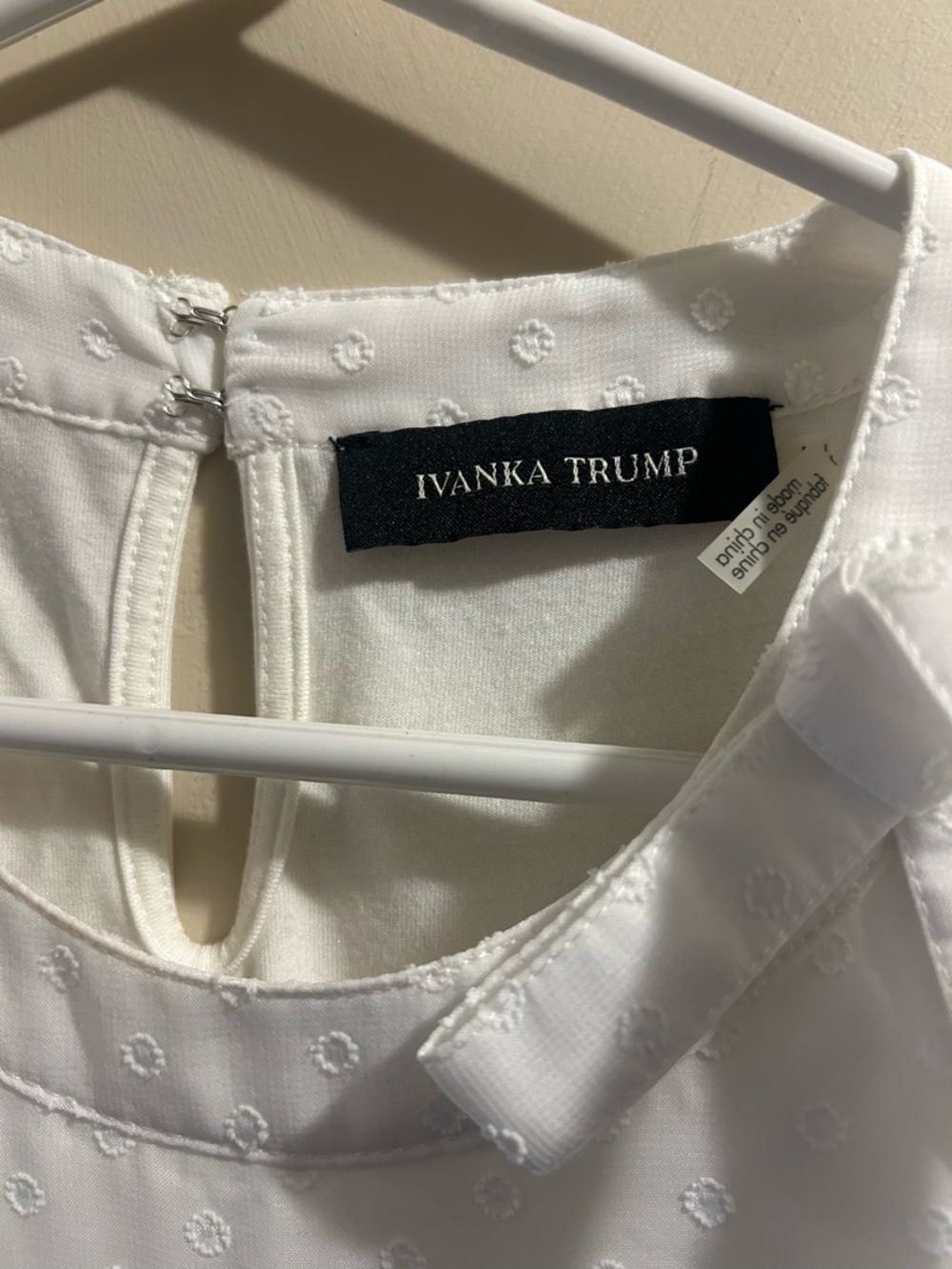 Ivanka Trump White Eyelet Bow Neck Sleeveless Top